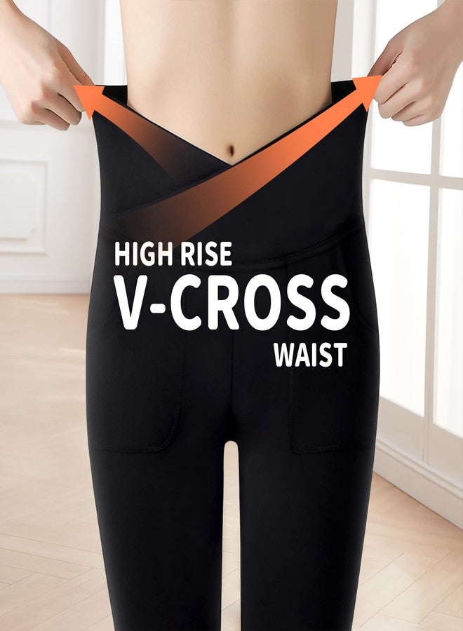 Gnainach Girls Flare Pants Size 9-10 Years Old Black V Cross Waist Kids Bell Bottom Leggings with Pockets for Running School - Image 5